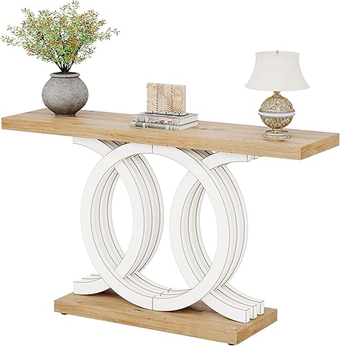 Miniatura 9 de Tribesigns Mesa consola de 55 pulgadas con base de madera geométrica, mesa de entrada moderna con mesa gruesa para sala de estar, pasillo, vestíbulo