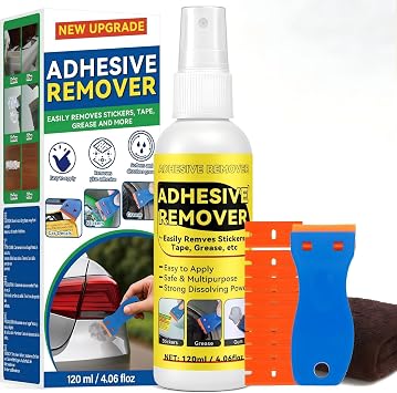 Adhesive Remover Spray, Multipurpose Formula with Scraper, Quickly Removes Stickers, Decals, Tape Residue, Grease and Tar, Safe for Cars, Glass, Plastic and Wood Surfaces, 120ml