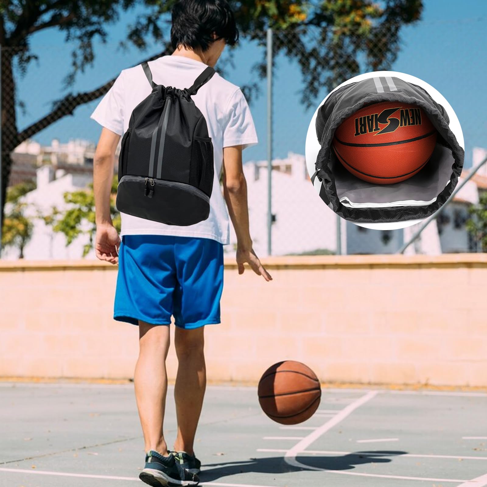 JAWAI Mochila Impermeable con Cordón, Ajustable Casual Saco Gimnasia, Impermeable Saco de Gimnasia con Bolsa Seca Húmeda Separada, para Acampar, Yoga, Fitness, Viajes, Montañismo (Negro)