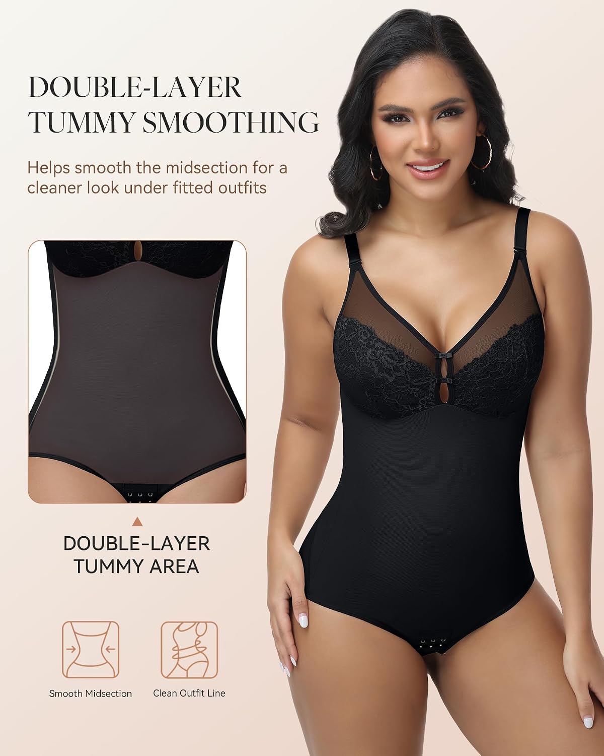 SHAPSHE V-Neck Lace Shapewear Bodysuit for Women with Tummy Control | Built-In Bra Support | Double-Layer Front Panel | Adjustable Straps | Easy Crotch Closure | Smooth Outfit Fit