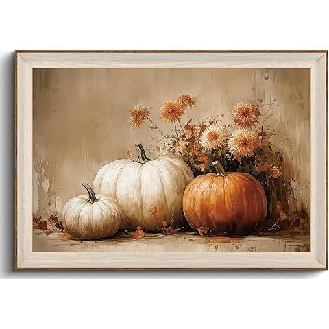 KISSFOX Vintage Framed Wall Art Autumn Pumpkin Flower Canvas Wall Art Yellow White Farmhouse Art Prints Artwork For Living Room Bedroom Bathroom Kitchen 24x36inch