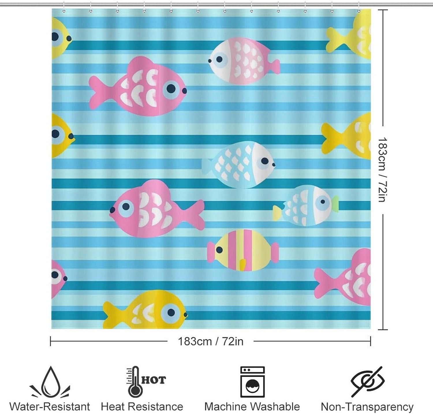 Cartoon Fish Pattern Modern Bathroom Sets with Shower Curtain and Rugs Decor 4 Pcs with 12 Hooks