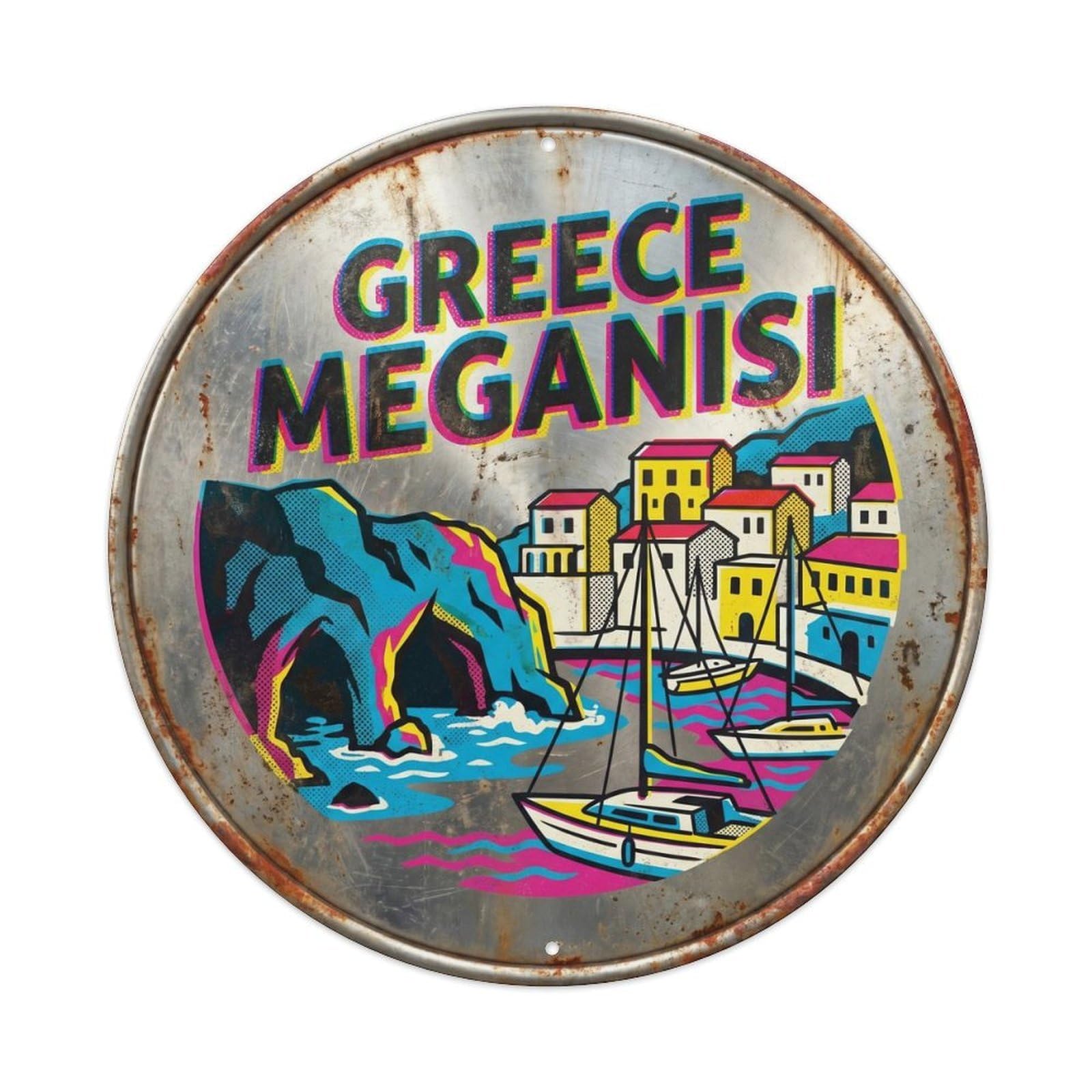 Meganisi Caves Greek Screen Style Coastal Travel Metal Tin Sign