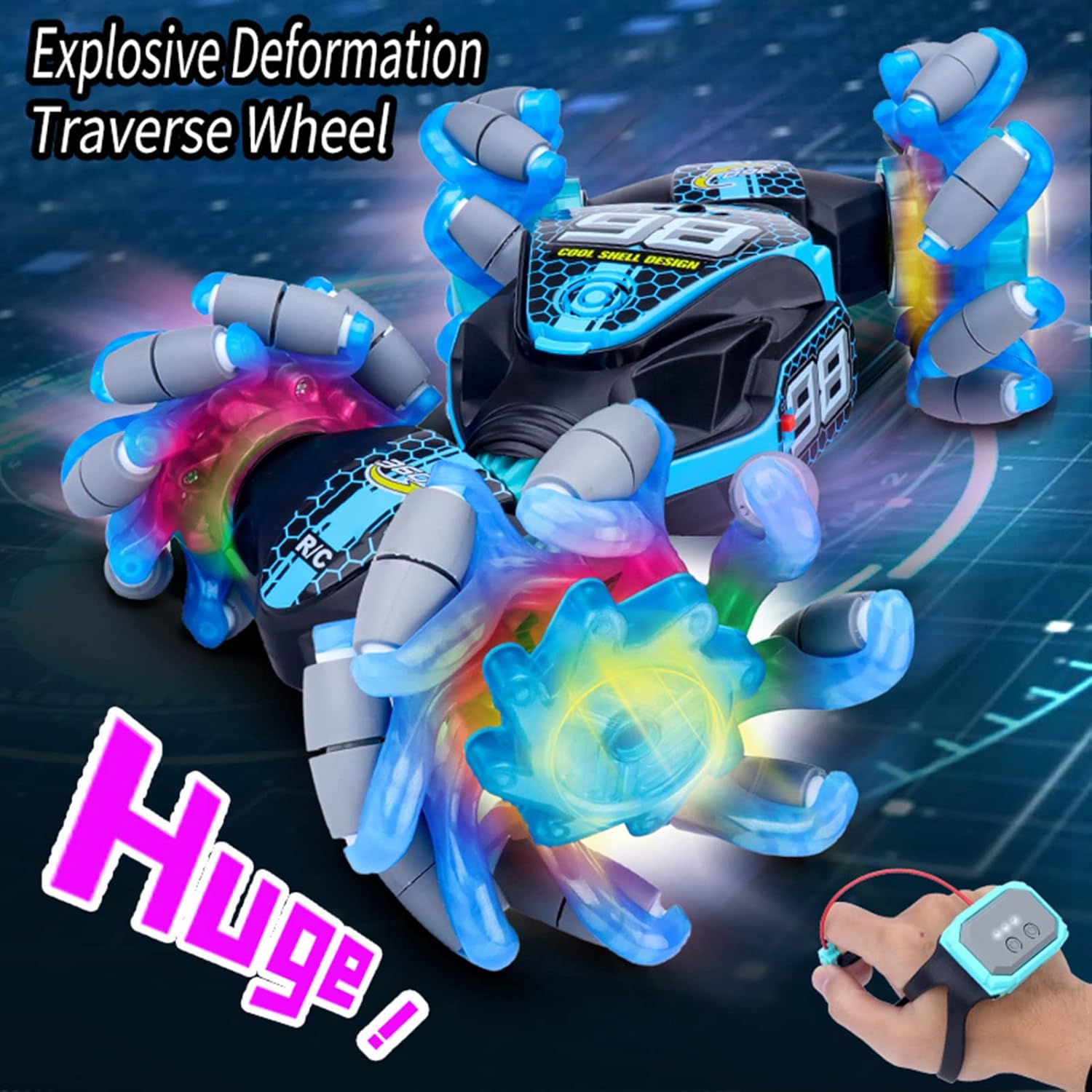 GoolRC Gesture Sensing RC Stunt Car, 4WD 2.4GHz Remote Control Car, Transformer Toy Cars with LED Lights, Double Sided Driving, 360?Rotating and Explosive Wheel for Adults (Blue)