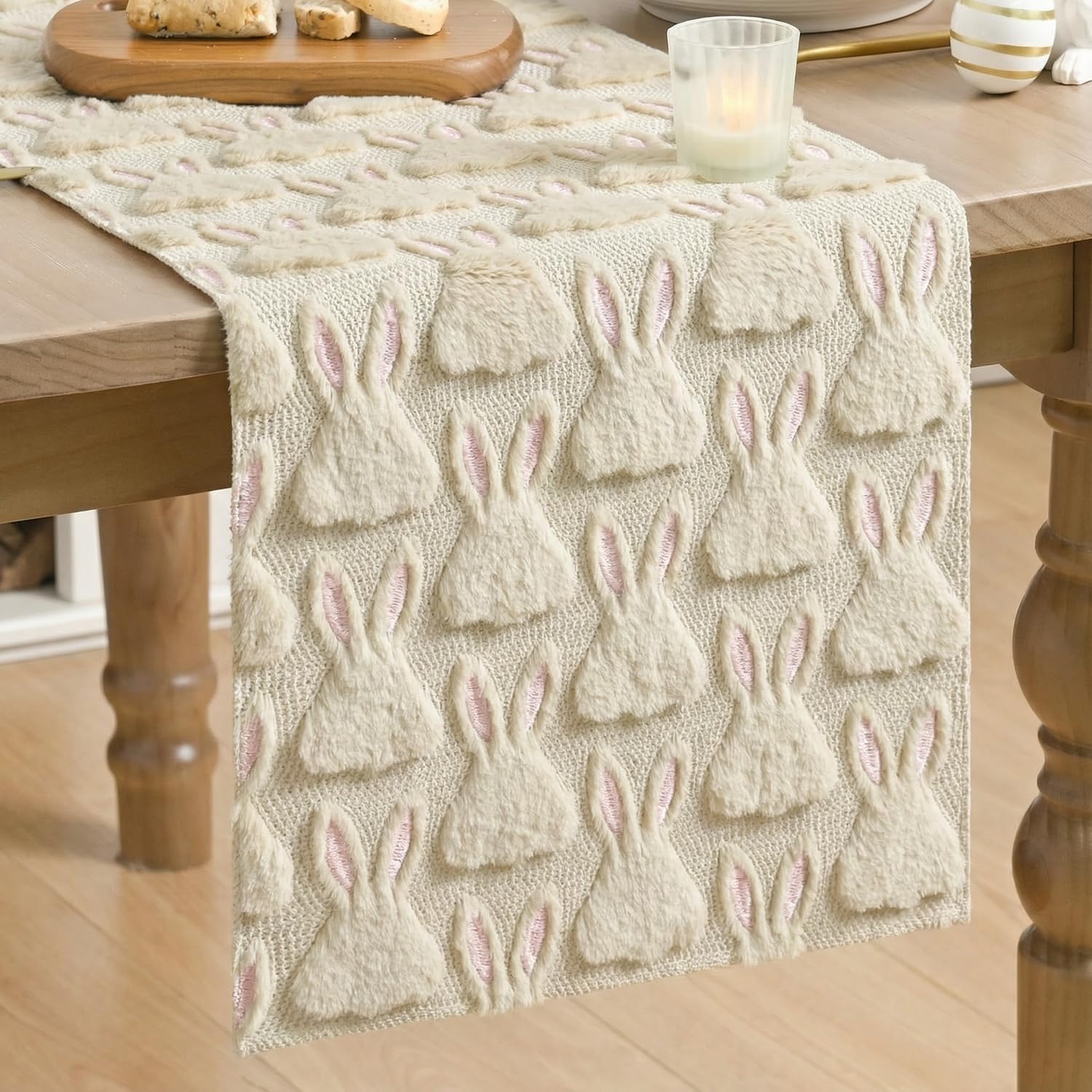 Soft Plush Faux Fur Jacquard Pink Ear Bunny Easter Table Runner