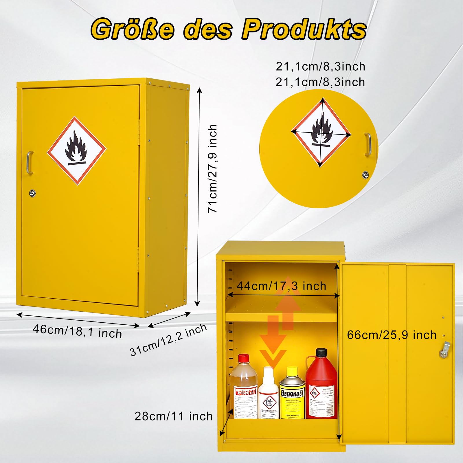 Armoire de rangement de sécurité - 71 x 46 x 31 cm - Armoire de sécurité industrielle - Résistante au feu - Avec séparateurs réglables - Qualité industrielle et laboratoire - Jaune