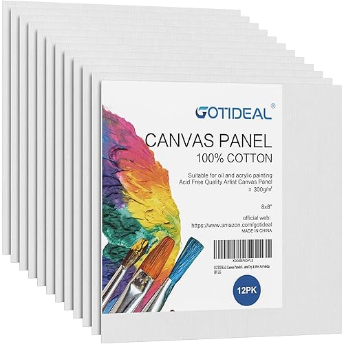 GOTIDEAL Canvases for Painting, 8x8 inch of 12, Professional Primed White Blank Flat Canvas Panels- 100% Cotton Artist Canvas Boards for Acrylics Painting, Oil Watercolor Tempera
