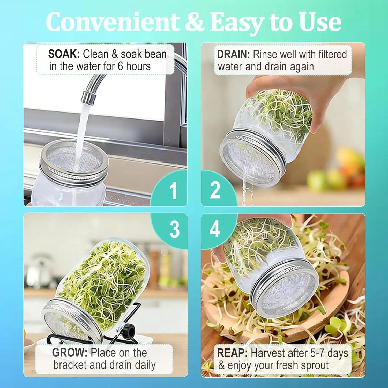 Bocal de Germination, 2 x 1000ml Germoir en Verre Bocal à Germes avec 2 Couvercle à Grille en Acier Inoxydable, 2 Support, 2 Plateau, kit de Bocal à Germes pour Brocoli Luzerne Haricots Verts