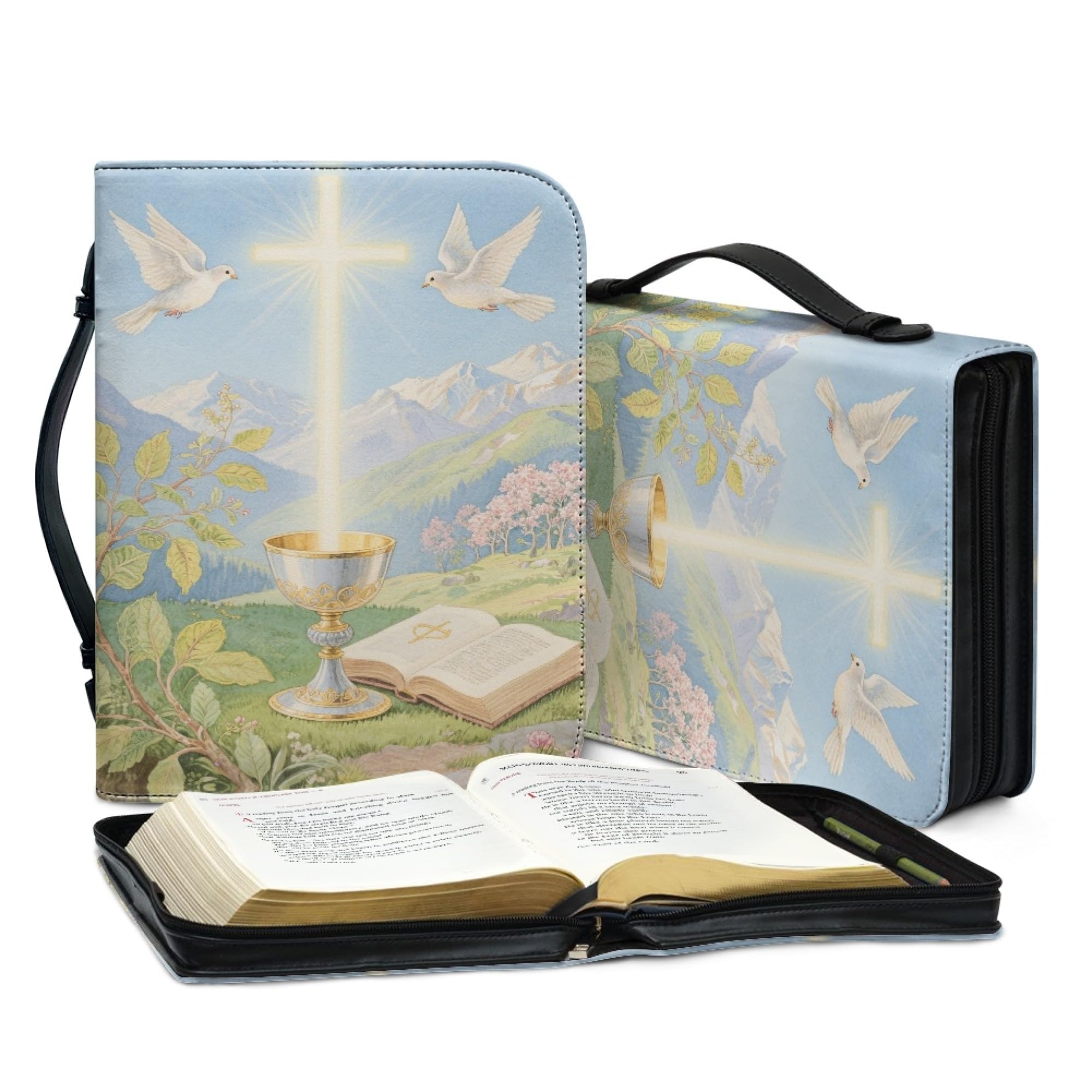 Amzbeauty Étui en cuir synthétique pour femme avec imprimé calice bible
