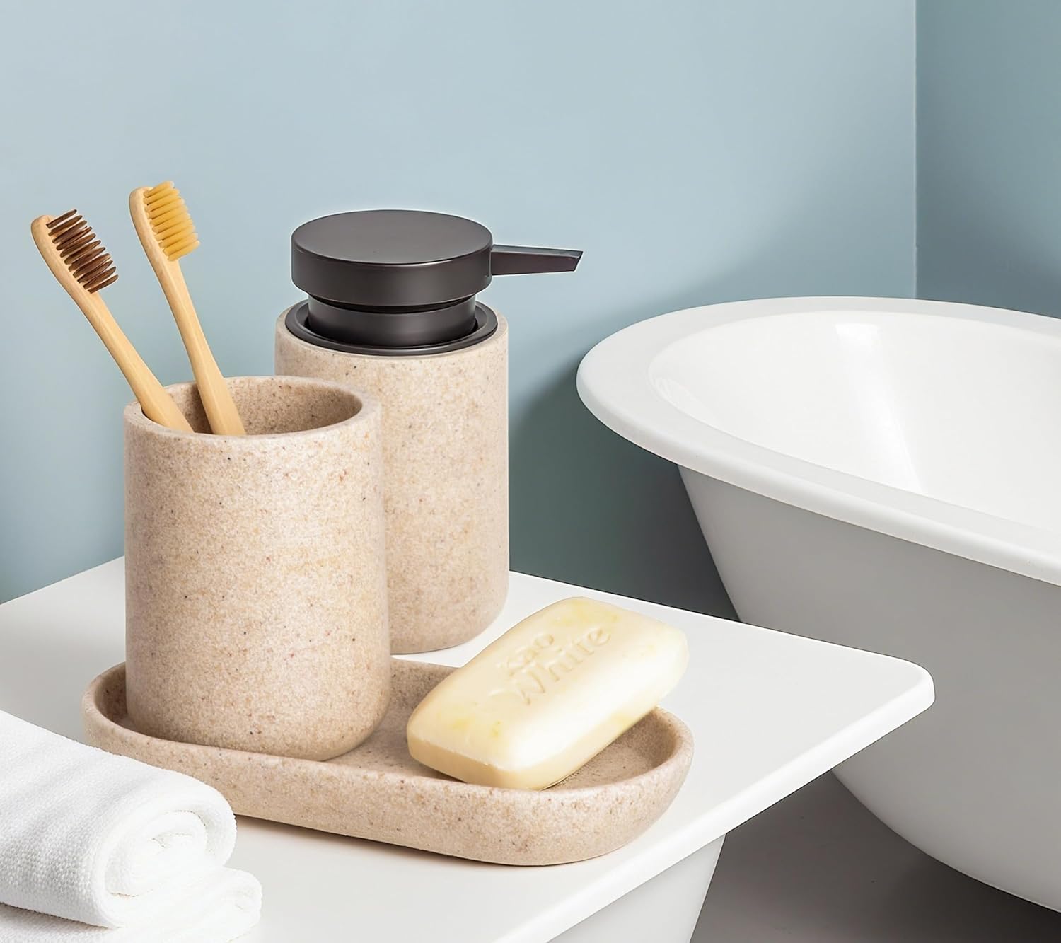 Clasin Home 3 Pcs Bathroom Accessories Set, Liquid Soap Dispenser with Large Pump, Toothbrush Holder Cup and Soap Dish, Sandstone Texture Bathroom Counter Set for Modern Home (Beige)