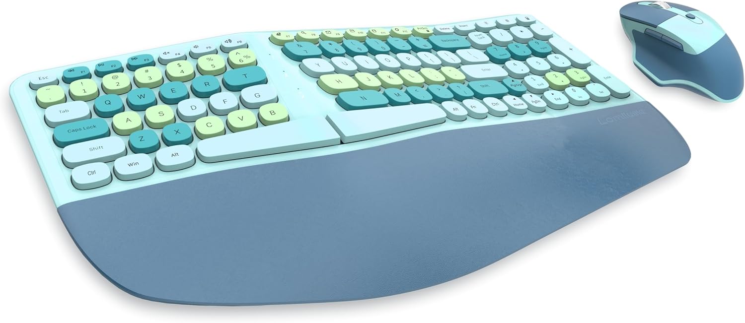 Wireless Ergonomic Keyboard and Mouse Combo with PU Wrist Rest, Carpal Tunnel Keyboard, 2.4G Colorful Split Ergo Keyboard, Comfortable Natural Typing, Compatible with PC/Laptop (Blue)