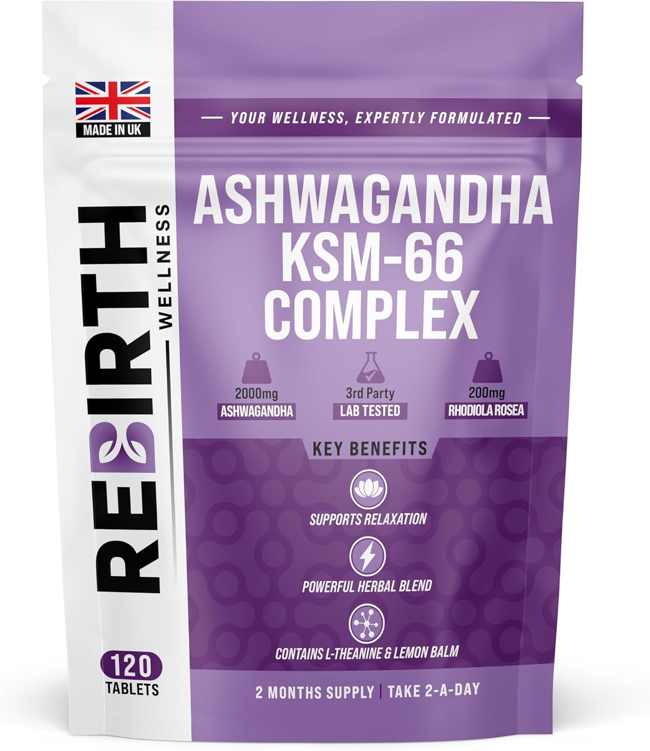 Ashwagandha High Strength KSM 66 Complex – 2000mg Enhanced with Rhodiola Rosea, L Theanine & Lemon Balm for Sleep Aid & Calm – 120 Ashwagandha KSM 66 Tablets – Vegan Supplement, Made in UK