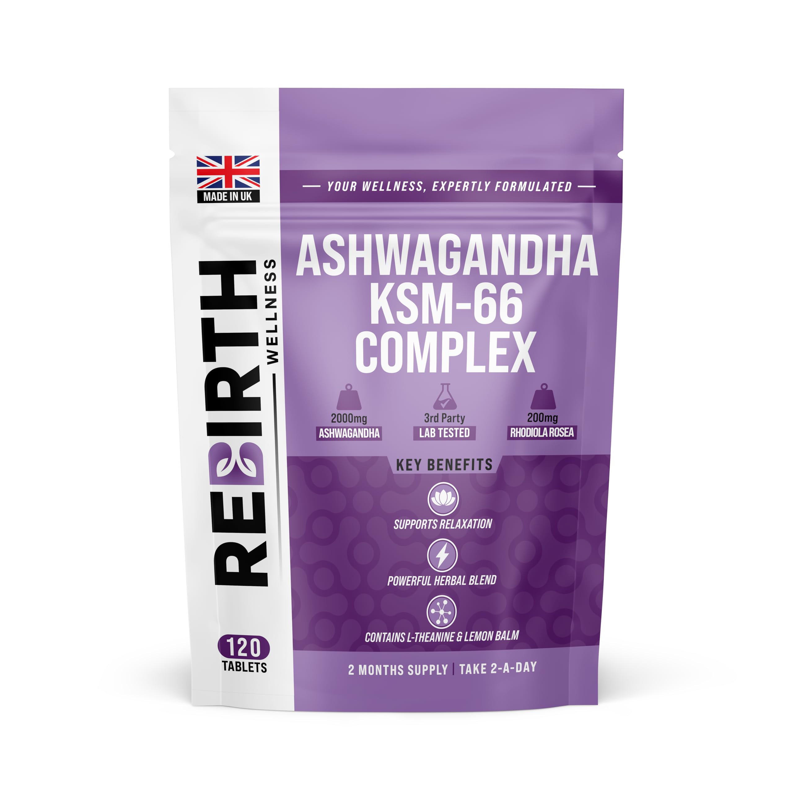 Cortisol Support Supplement with Ashwagandha KSM 66, Rhodiola, L-Theanine & Lemon Balm β Natural Adaptogen for Balance, Focus & Weight Goals β 120 Tablets - UK Made