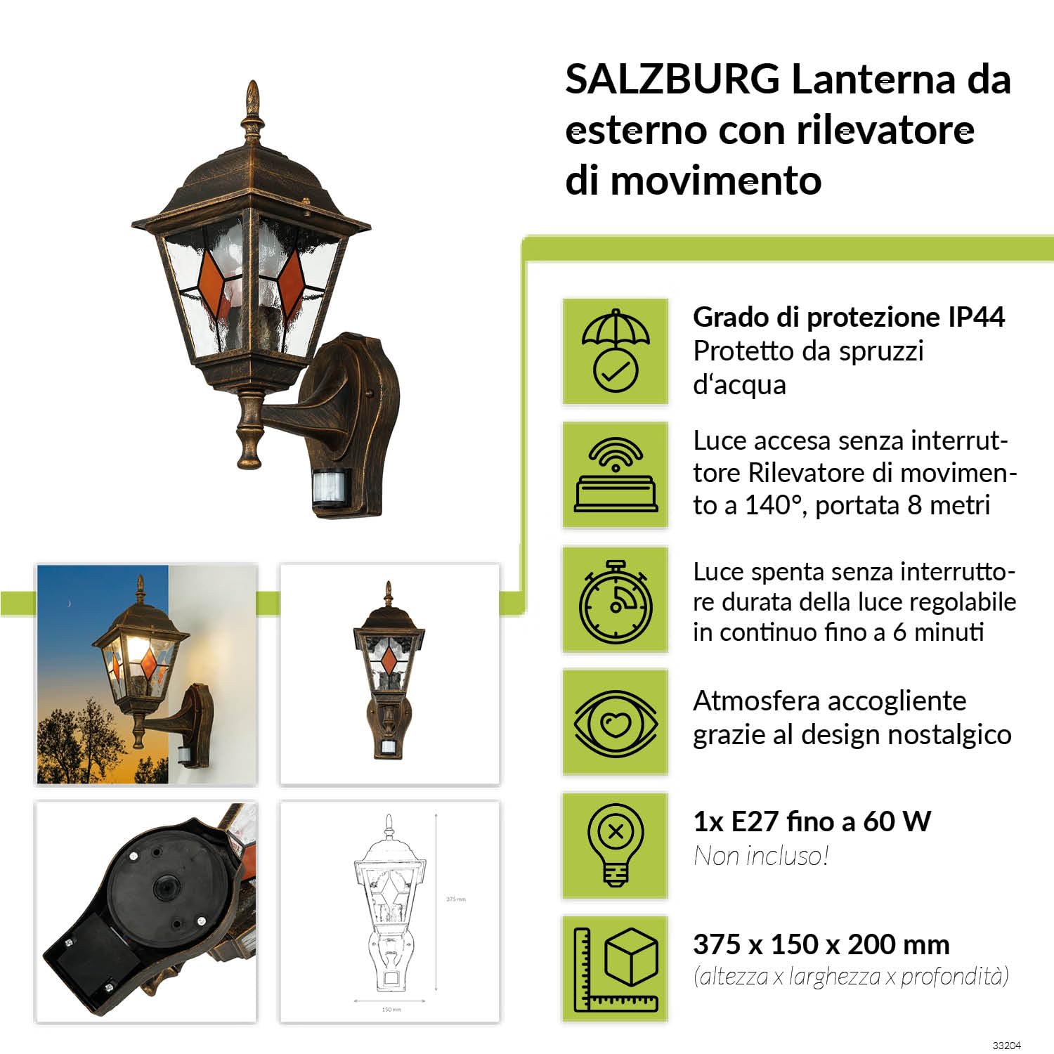 Applique vintage Salzburg con rilevatore di movimento rame antico retrò in stile Tiffany E27 37,5 cm Lanterna per esterni ideale per giardino viale