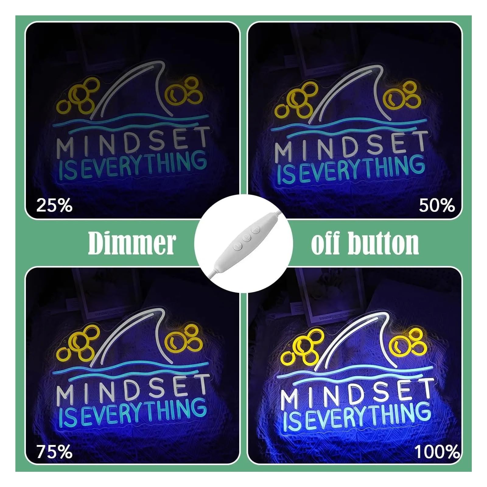 néon signe Enseigne Lumineuse Mindset Is Everything À Intensité Variable, Poisson Requin, Décoration Murale Pour Salle De Classe, Bureau, Chambre À Coucher, École
