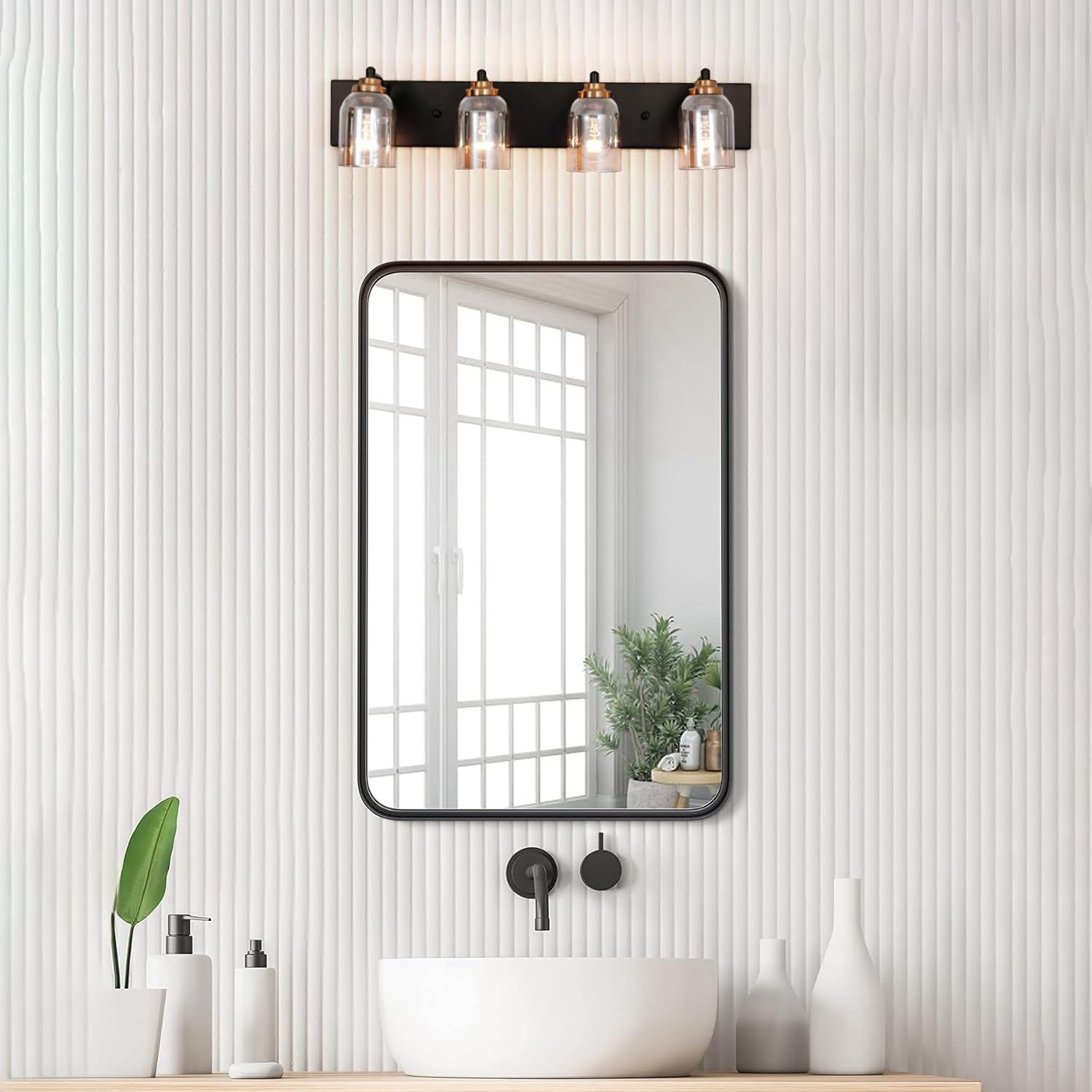 4 Light Bathroom Vanity Light, Modern Black and Gold Vanity Lights for Bathroom Over Mirror, Vintage Sconce Wall Lighting with Smoky Grey Shade, Brushed Vanity Lights Wall Sconce