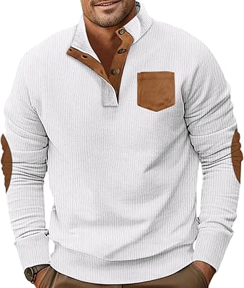 Corduroy Pullover Men Casaul Mock Neck Long Sleeve Button Up Sweatshirt for Men Thermal Soft Sweatshirts with Elbow Patches