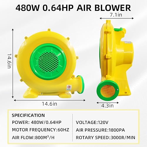 Miniatura 2 de Soplador de aire, soplador de casa de rebote de 480 W, 0.64 HP, soplador de burbujas inflable portátil, perfecto para casa inflable de rebote,