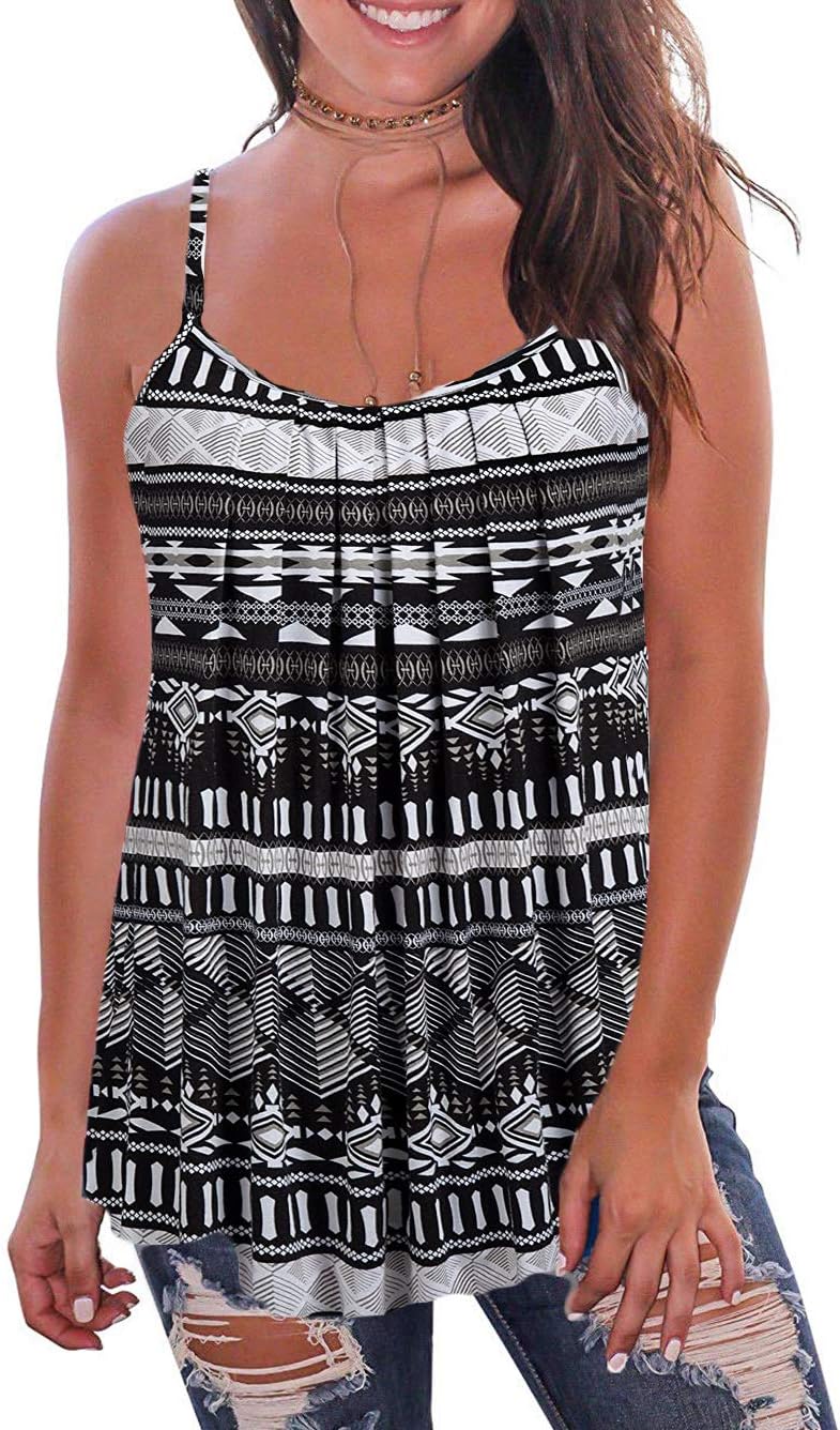 Kaei&Shi Print Long Vest,Flowy Tank Top for Women,Loose Cami,Pleated Dressy Swing Spaghetti Strap Camisole