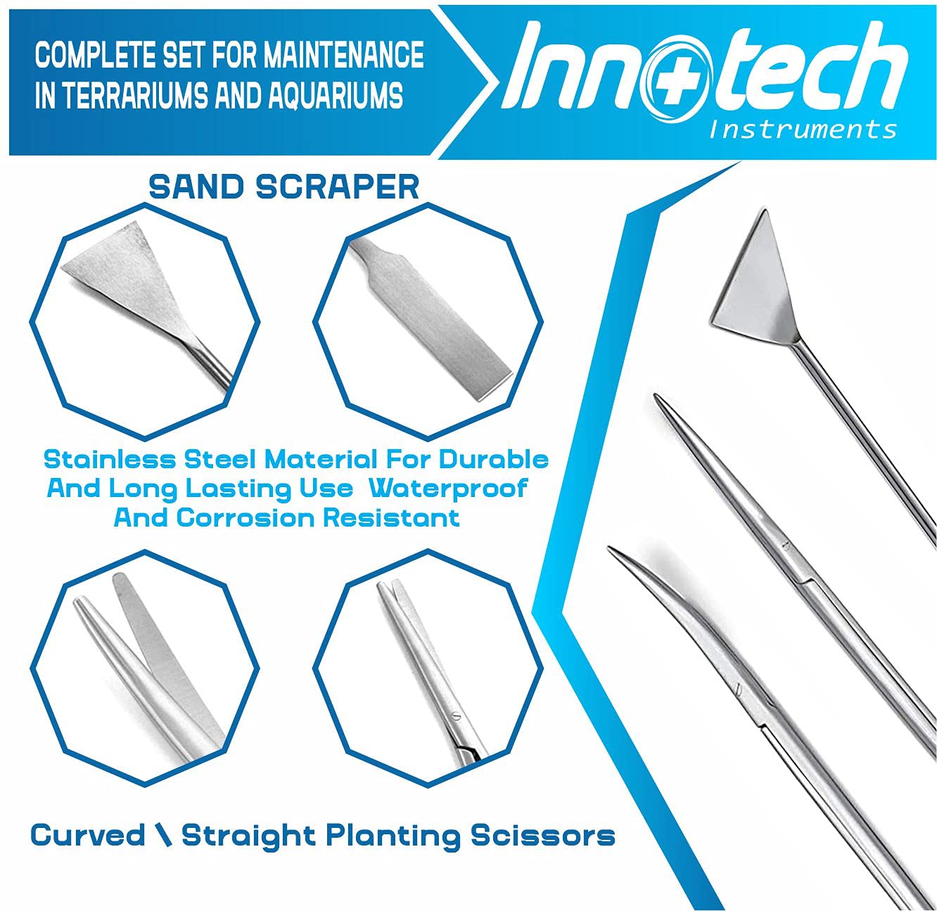 Innotech Kit di pulizia per acquario nero Aquascaping Set completo per terrario Strumenti per la cura in acciaio inossidabile (pinzette per piante, forbici per piante, spatola per ghiaia) (set da 5
