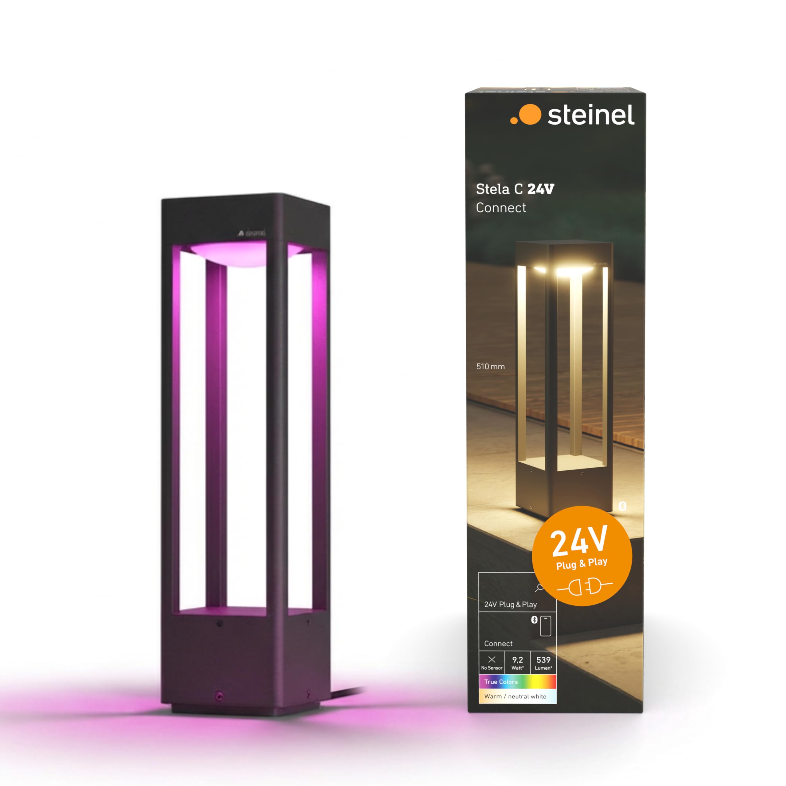Steinel Wegeleuchte Stela C 24V, 51 cm Höhe, RGBWW Gartenleuchte, 16 Mio. Farben, Dämmerungssensor, dimmbare Pollerleuchte, Zeitschaltuhr, App-Steuerung, Plug & Play, IP65, Anthrazit