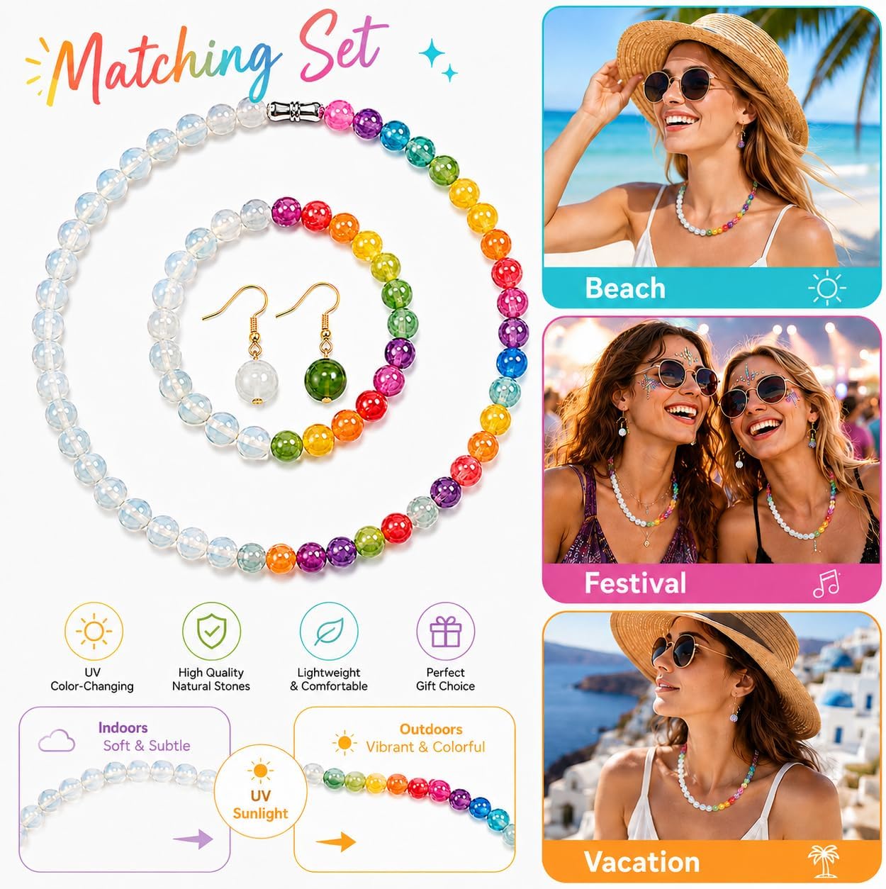 Dopamine Necklace Uv Reactive Necklace Jewelry Colorful Rainbow Beaded Necklaces Dopamine Jewelry Set Uv Color Mood Necklaces Bracelet Earrings Summer Beach Vacation Gift for Women
