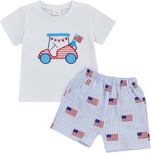 Kayotuas 4th of July Baby Boy Outfit Golf American Flag T-Shirt Top Striped Shor