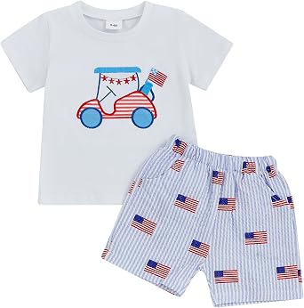 Kayotuas 4th of July Baby Boy Outfit Golf American Flag T-Shirt Top Striped Shorts Toddler Fourth of July Clothes 2 Piece Set