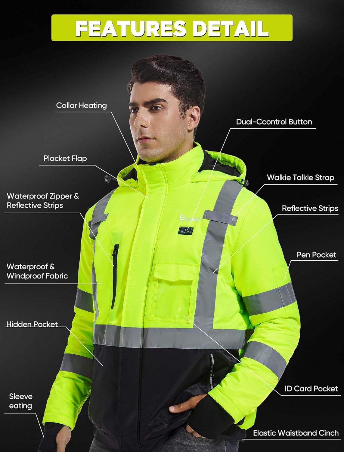 Heated Safety Jacket for Men with 20000mAh Battery Pack - Class 3HiV Waterproof Safety Coat with Reflective Tape
