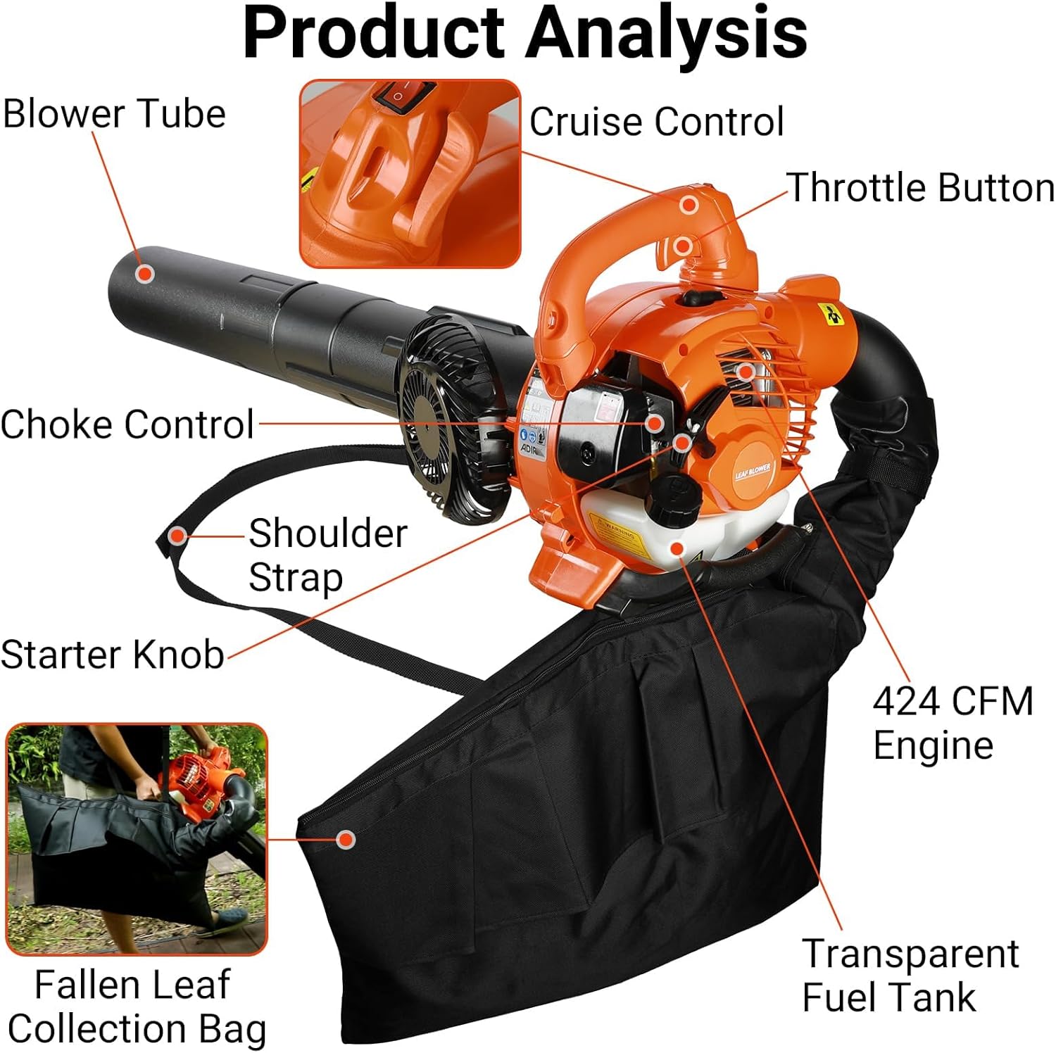 Leaf Blower Cordless, 2-Stroke Leaf Vacuum Cordless with Bag, 2 in 1 Handheld Gas Powered Leaf Blower, 424 CFM Leaf VacuumCordless for Blowing and Suction Leaf (Orange)