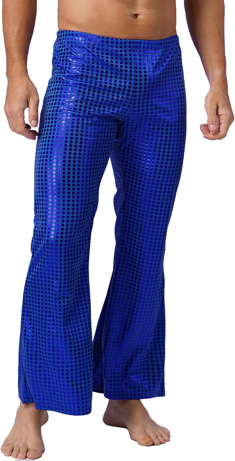 Agoky Men's Sparkly Sequins Club Pants Wide Leg Bell Bottoms Flared Trousers for Hip Hop Jazz Disco