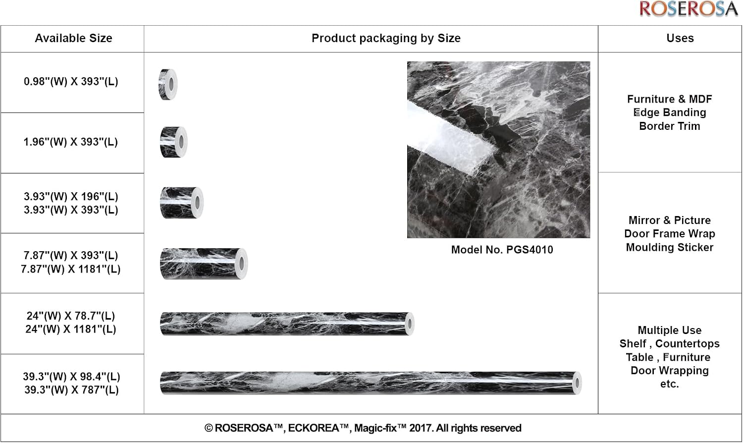 ROSEROSA Peel and Stick Glossy Faux Marble Architectural Film Self-Adhesive Vinyl Film Wallpaper Door Wrap Counter Top Border Mirror Molding Trim PGS4010