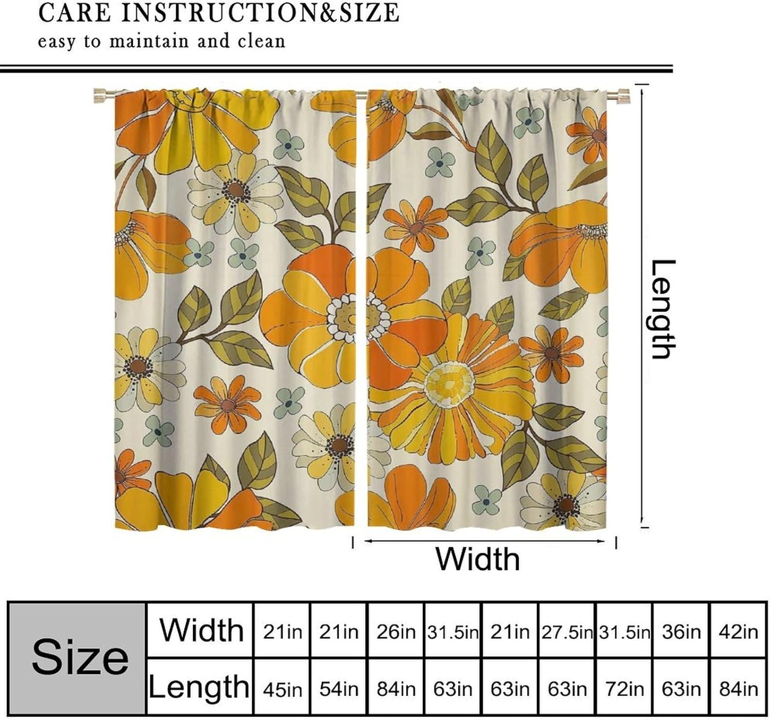 Retro 70s Floral Curtains Orange Daisy Flower Mid Century Pattern Rod Pocket Drapes Curtain for Living Room Home 52x84 Inches Blackout
