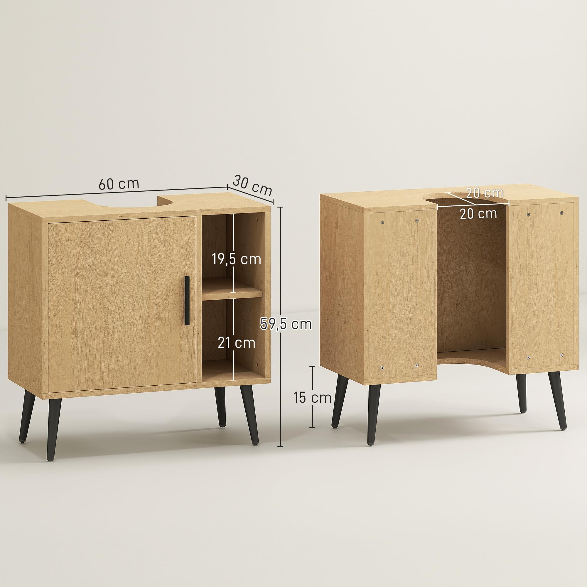 HOMCOM Meuble sous lavabo Salle de Bain, Meuble sous Vasque Industriel avec Porte à Fermeture Progressive et étagère réglable, 60 x 30 x 59,5 cm, chêne