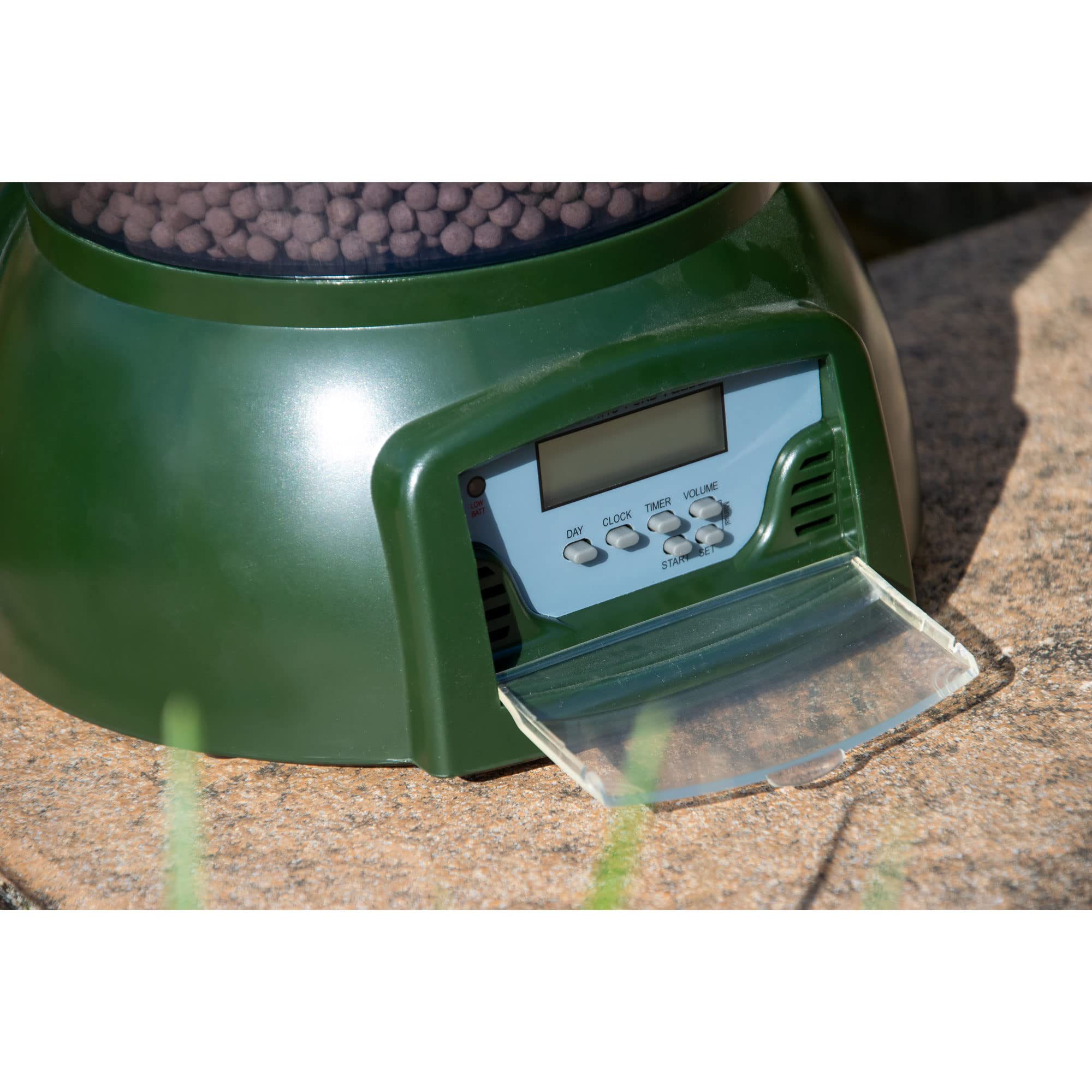 dobar® Programmierbarer Fisch-Futterspender mit LCD-Anzeige für draußen - Automatischer Fish Feeder - 22 x 22,5 x 26,5 cm - Grün