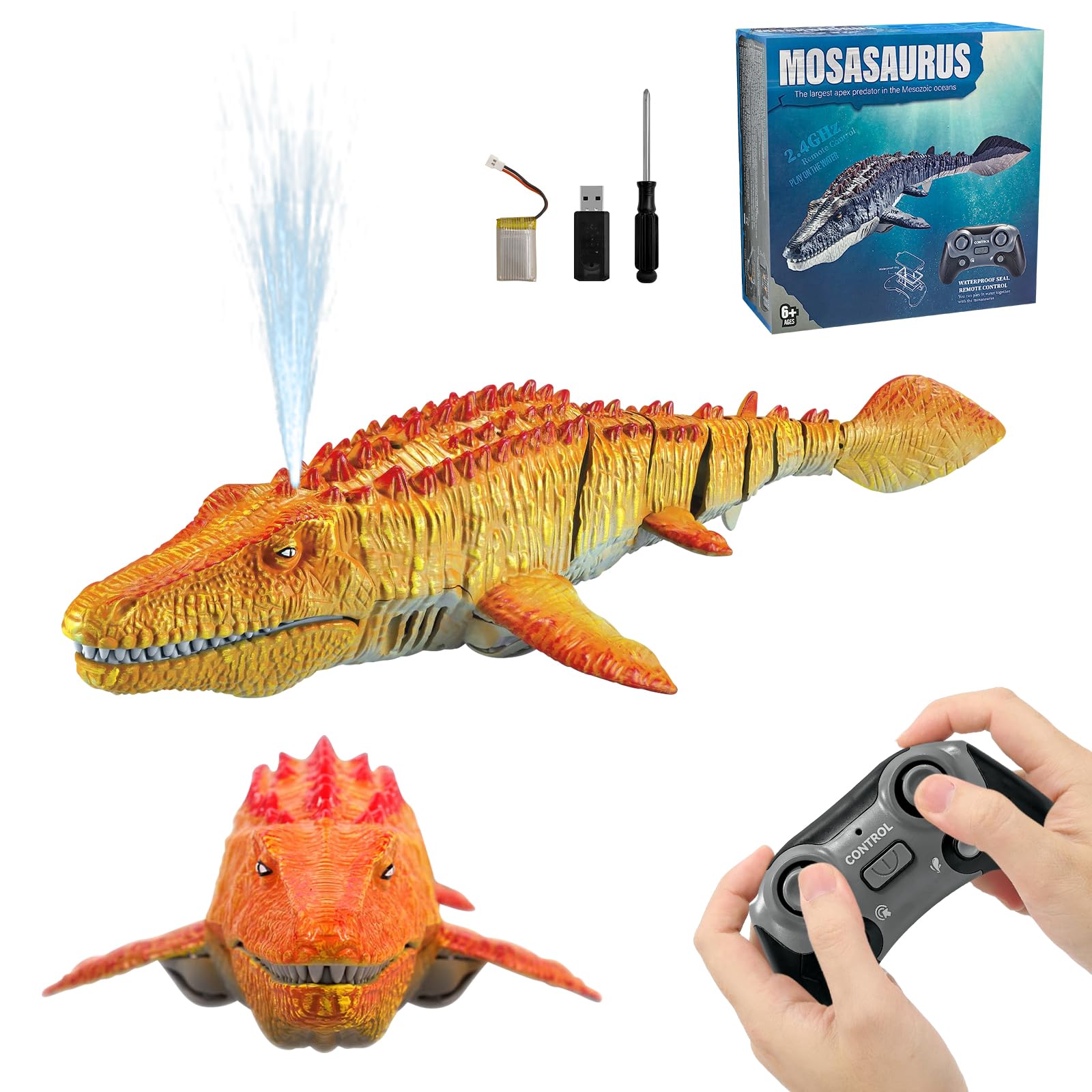 HONPHIER 2.4GHz Remote Control Mosasaurus Boats, RC Mosasaurus Toys with Water Spray, RC Electric Dinosaur Toy Boat for Kids, Dual Propellers, Bath Pool Ocen and Lake Toys (Yellow)