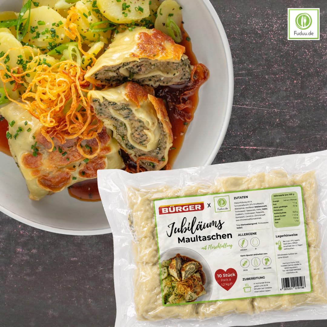 BÜRGER x Fuduu.de - Jubiläums-Maultaschen mit Fleischfüllung, 1,2 kg Beutel, traditionelle schwäbische Maultaschen, Manufaktur-Maultaschen (3 x 1,2kg)