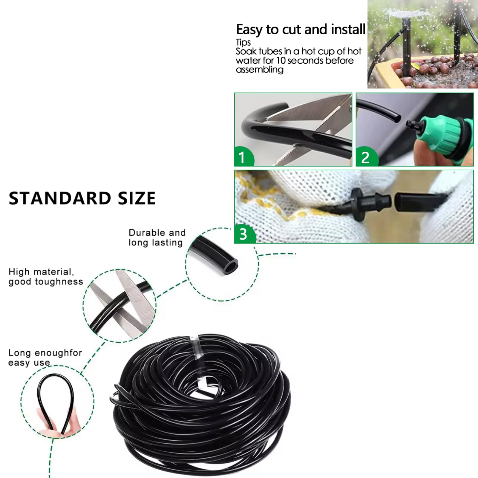 Microtubo de Riego 4mm para Goteo, Tubería para Riego, Fabricada en PVC Flexible y Resistente con 6mm de Diametro Exterior, Disponible en Rollo de 10, 25 y 50 metros, Color Negro (50 metros)