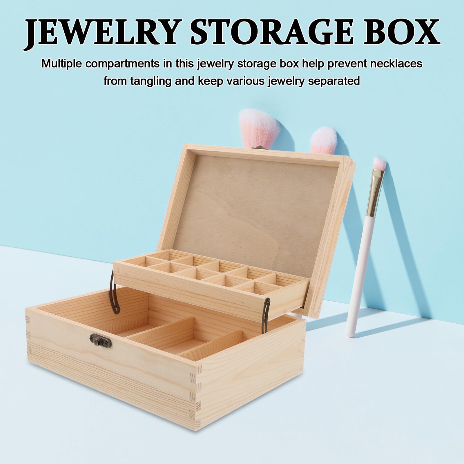 NUOBESTY Scatola in Legno Beige con Coperchio Ribaltabile, Scomparti Multipli e Divisori Trasparenti per Gioielli e Piccoli Oggetti su Comodino o Armadio