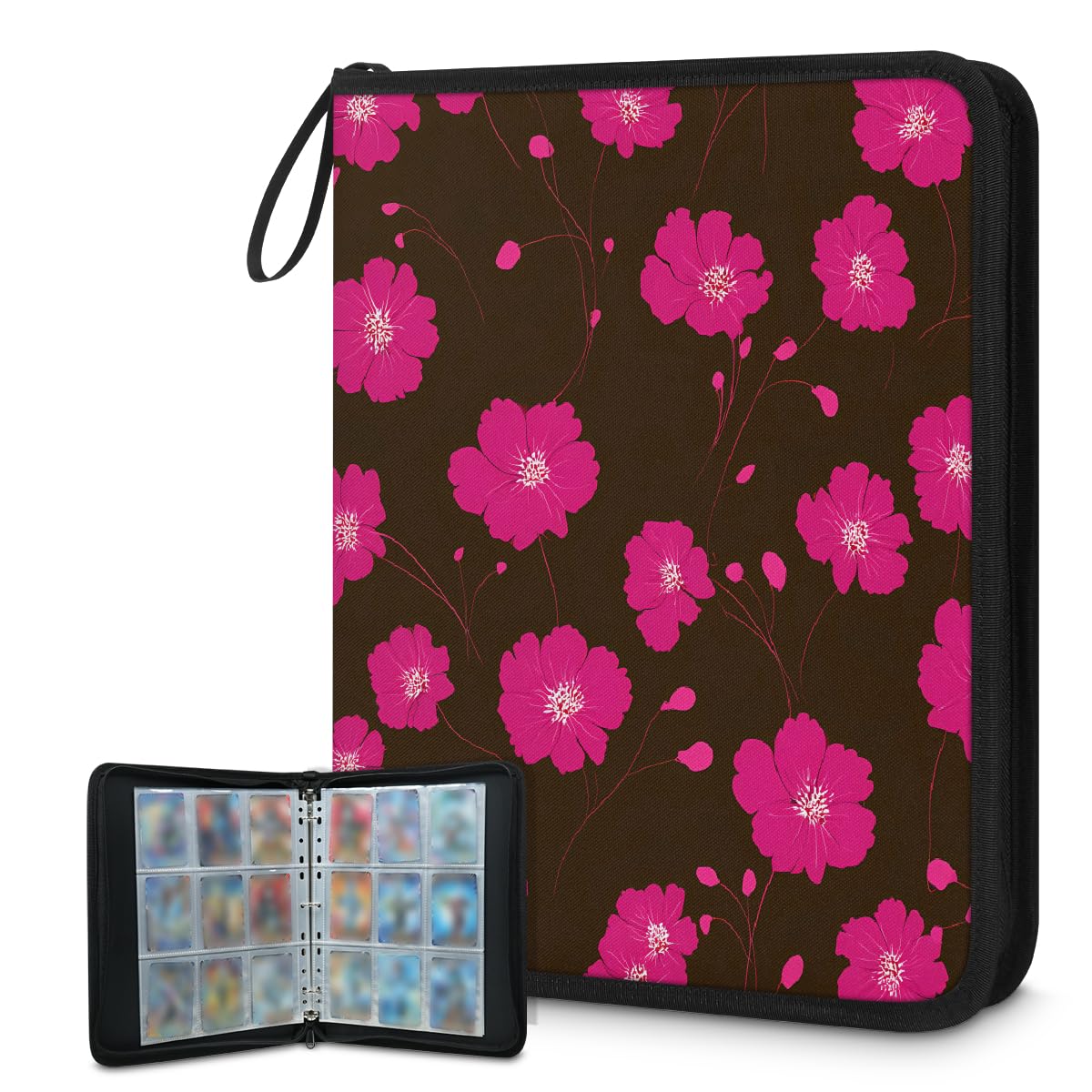 Mexpekil Raccoglitore di carte rosa acceso con fiori primaverili, 9 tasche con 50 pagine a caricamento laterale, cartellina per 900 carte con cerniera, impermeabile, porta carte