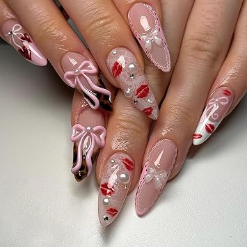Press on Nails Almond Long Artificial Acrylic Fingernails Pink 3D Bow Diamond Pearl Leopard Print Pattern Design with Red lips Design Glossy Stick on Nails Full Cover Coffin False Nail for Women 24Pcs