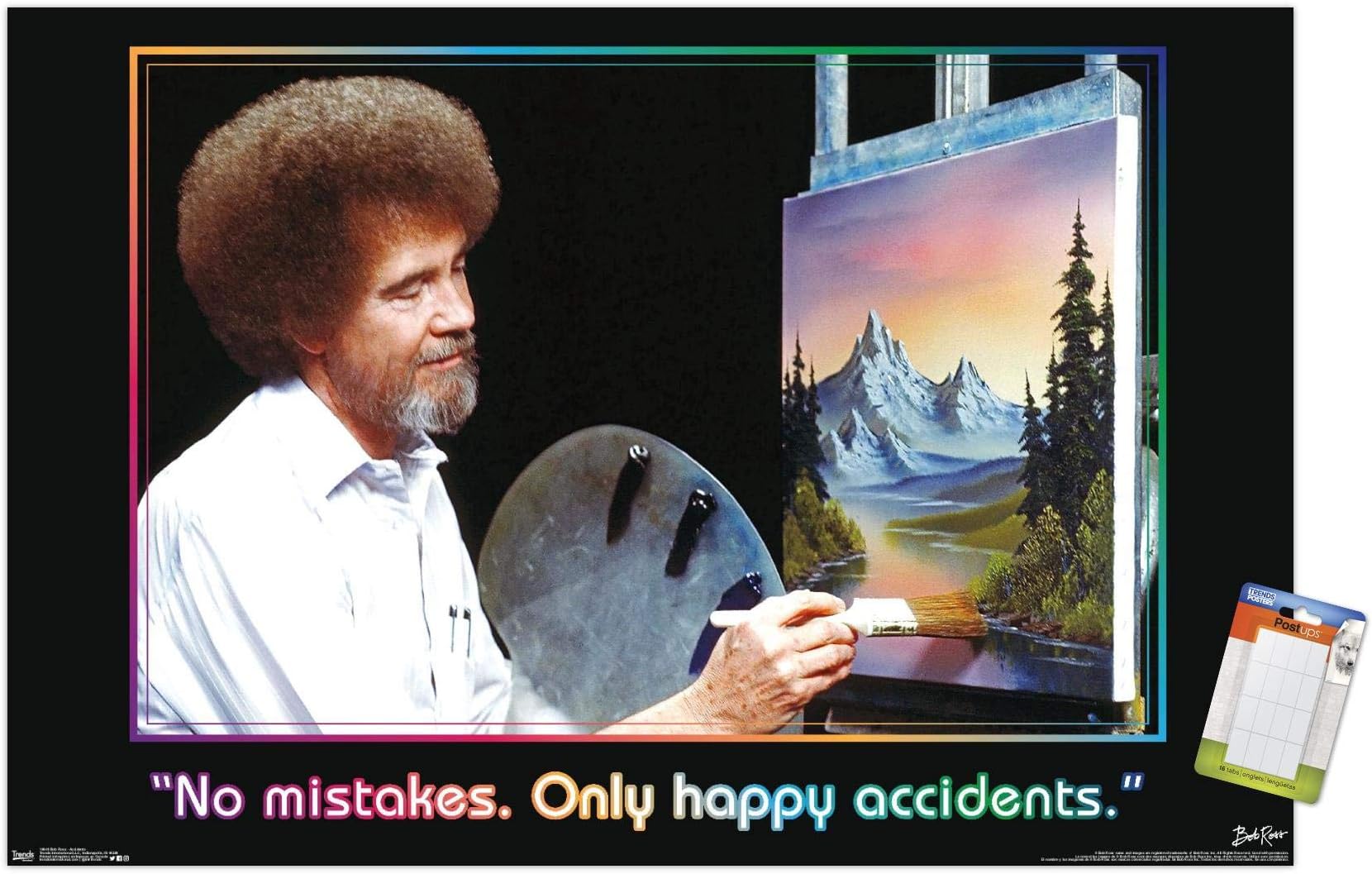 Trends International Bob Ross - No Mistakes. Only Happy Accidents Wall Poster, 22.375" x 34", Premium Poster & Mount Bundle
