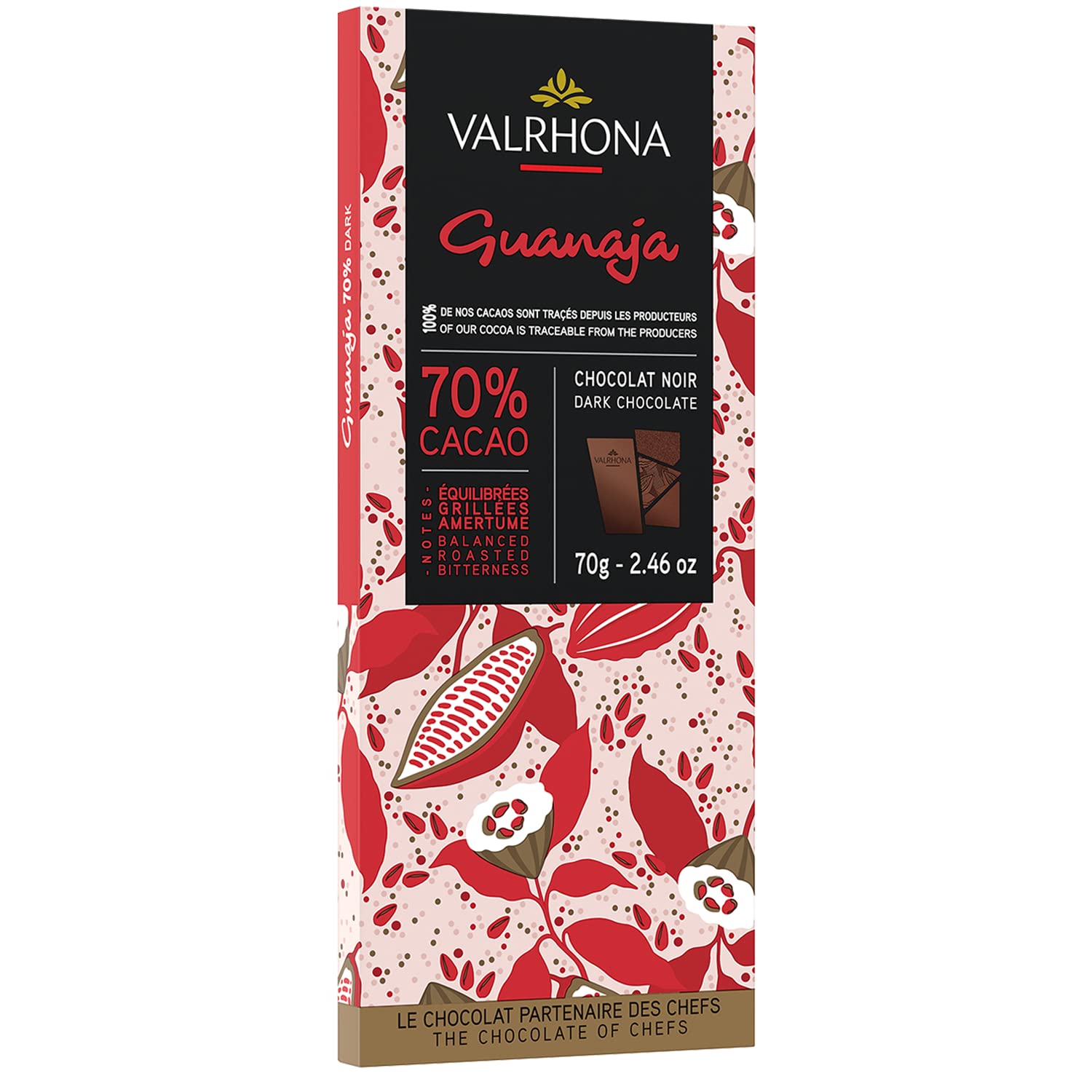 Valrhona Premium Dark Chocolate GUANAJA 70% Cacao Tasting Bar - Single Origin Gourmet French Chocolate is Baking World Classic. Warm Hearty Notes Perfect for Brownies and Rich Cakes 70g Pack of 1