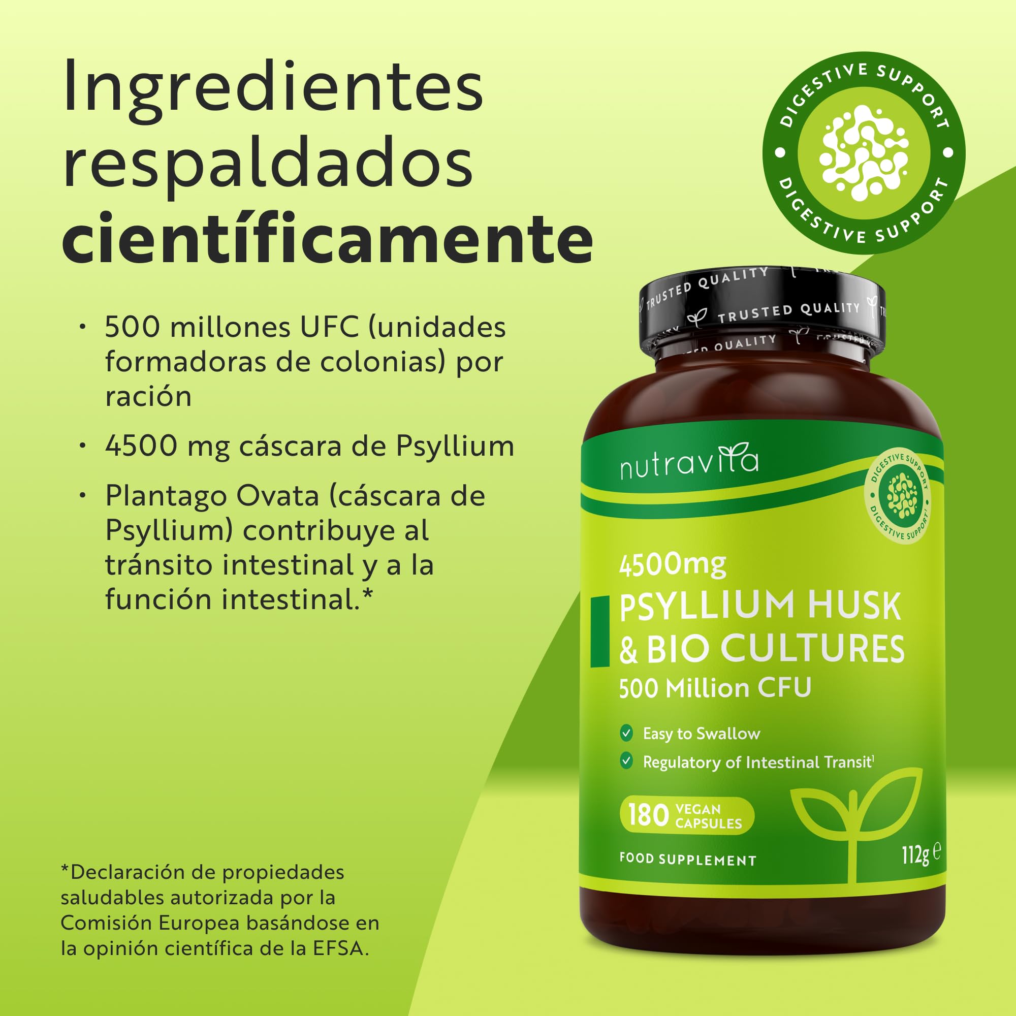 Cáscara de psyllium 4500 mg con 500 millones de CFU, 180 cápsulas de cáscara de psyllium para 3 meses de suministro, suplemento de fibra, alternativa de polvo de cáscara de psyllium, fabricado en el