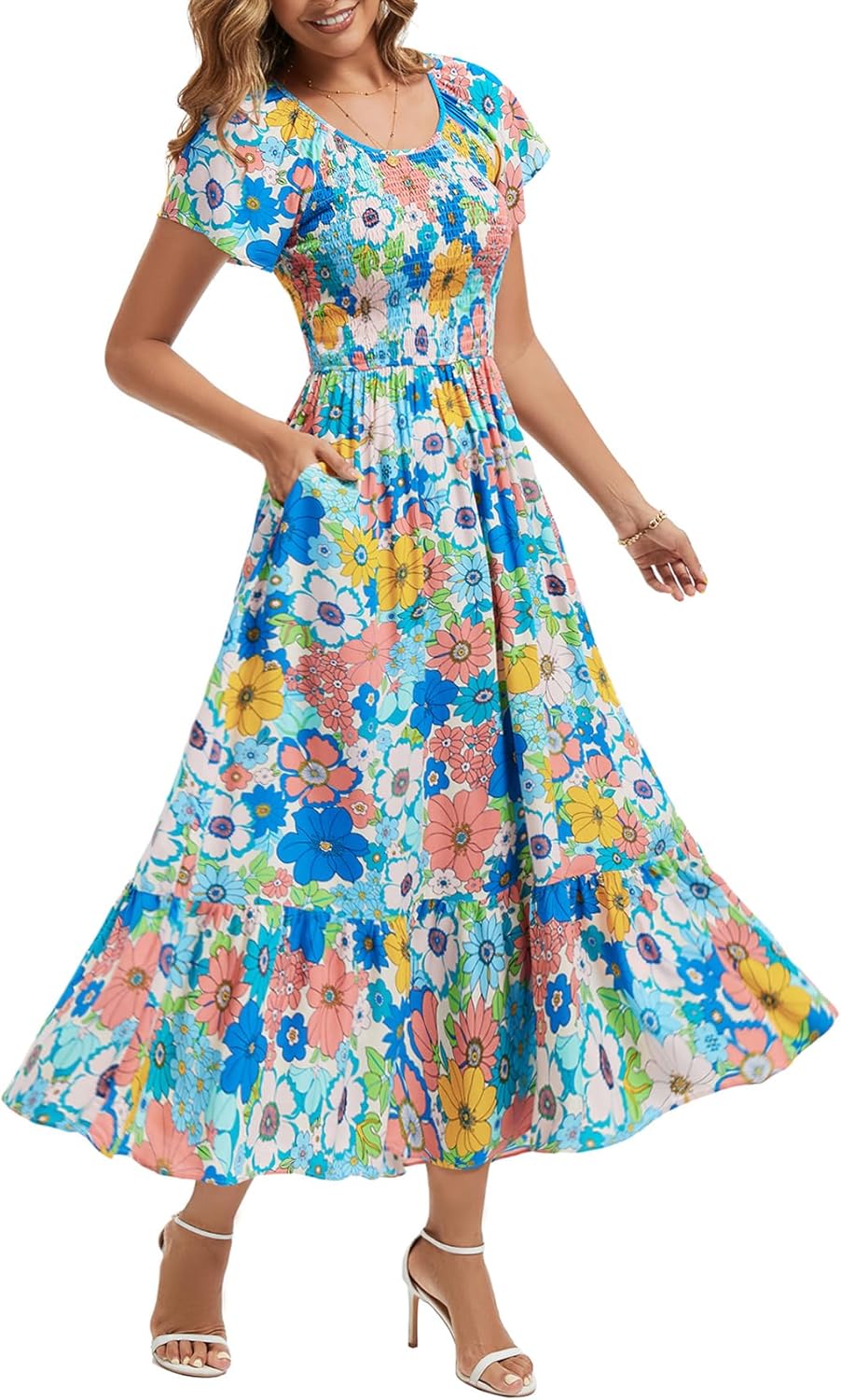 Summer Floral Smocked Maxi Dress for Women Casual Short Sleeve Flowy Long Boho Beach Party Dresses with Pockets