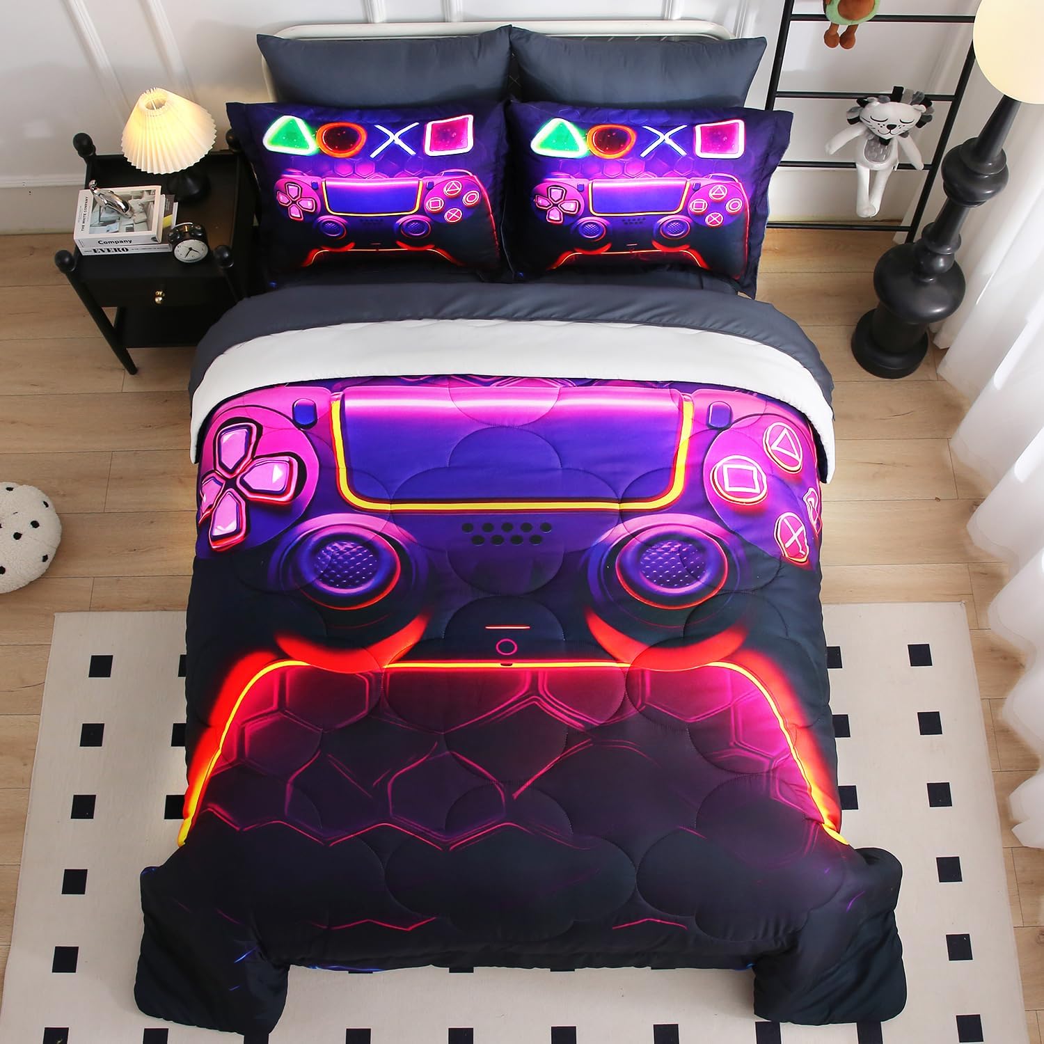 Wajade Gamer Comforter Sets 7 Piece Bedding Set for Kids Boys Twin Size 3D Game Console Comforter with Sheets and 2 Pillowcases 2 Pillow Shames Bed in a Bag for Boys as Birthday Choice