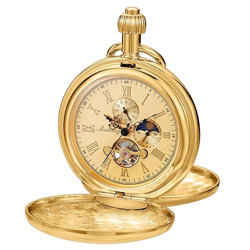 Men's Mechanical Pocket Watch with Chain, Vintage Full Copper Hand-Wind