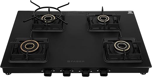 Faber Blossom Black Matt Glass Finish Cooktop| 4 Brass Burners-1Jumbo, 2Medium & 1Small |Manual Ignition | Heavy Pan Support With ABS Knobs | 5Yr…