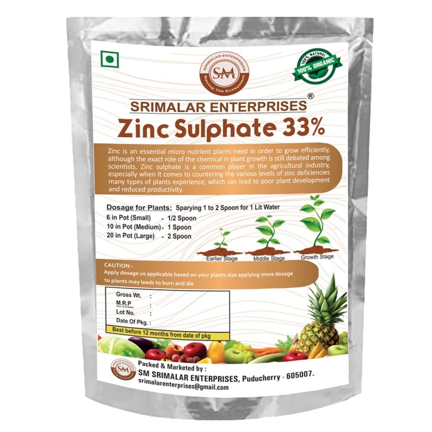 SRIMALAR ENTERPRISES Zinc Sulphate 33% Fertilizer(450 gm) Pack of 1