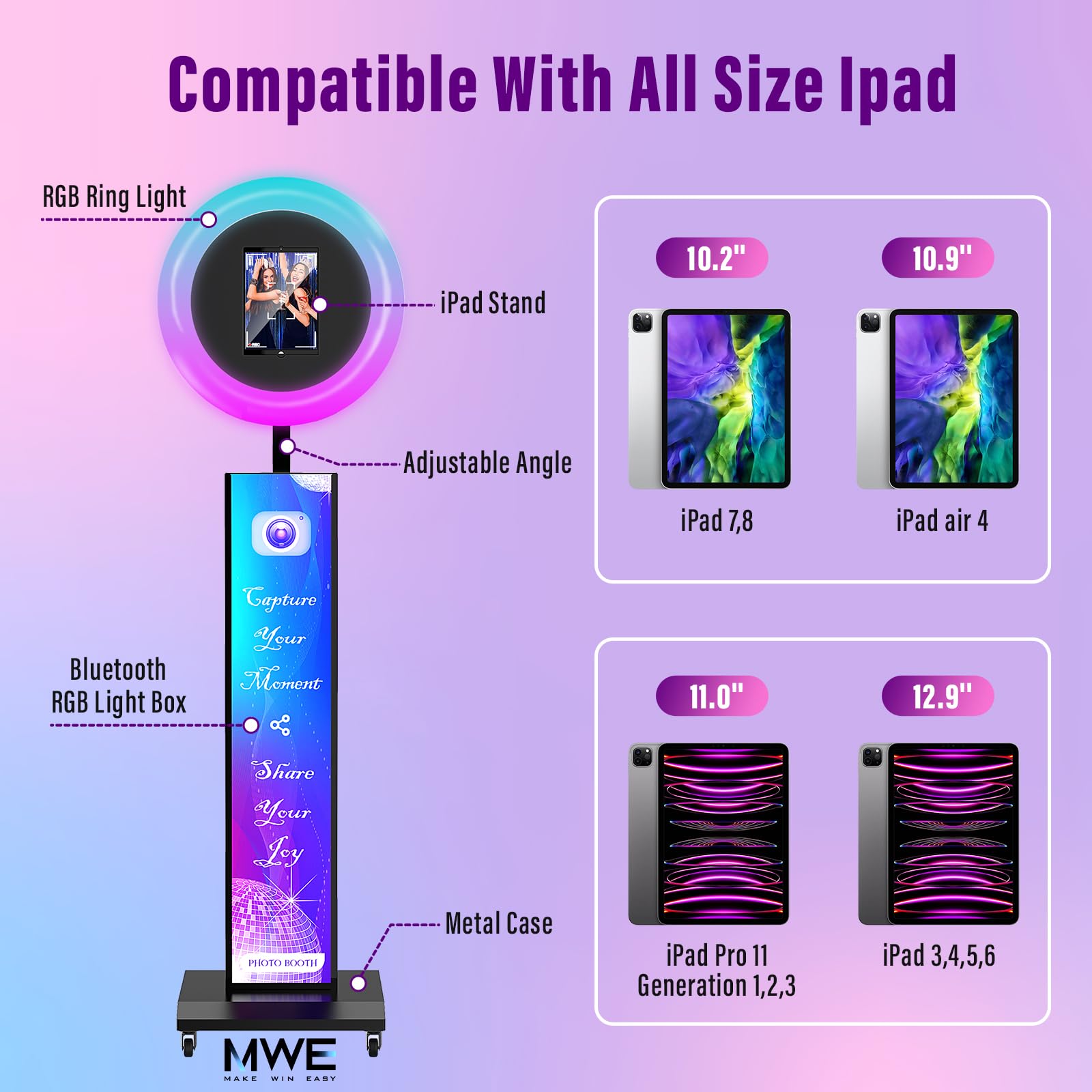 Photo Booth Machine Compatible with Ipad 12.9in 11in 10.9in 10.2in, Photo Booth Machine with Software APP Control,Music Sync,Free Custom Logo,Flight Case,for Parties,Wedding,Events(Black)
